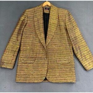 Vtg Vinci Blazer Womens Sz L Shiny‎ Gold Textured Stripe Fancy Party Jacket 80's